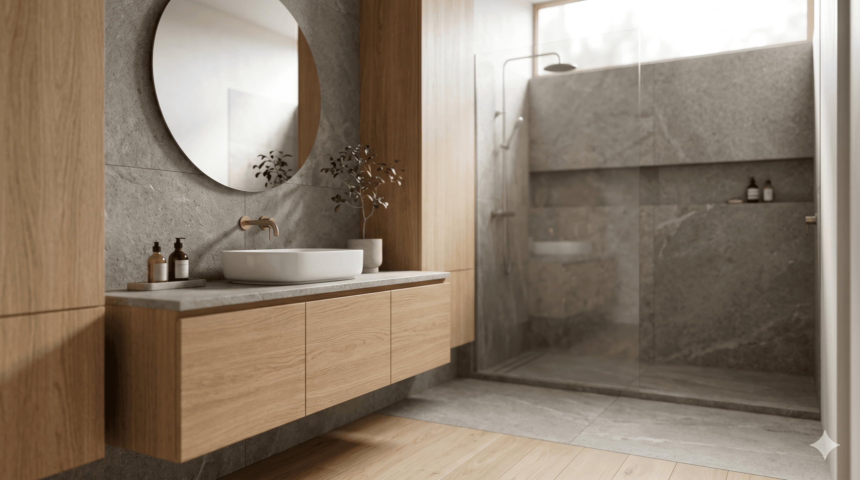 Kamar Mandi Japandi Desain: Trik Padukan Stone & Wood di Ruang Sempit