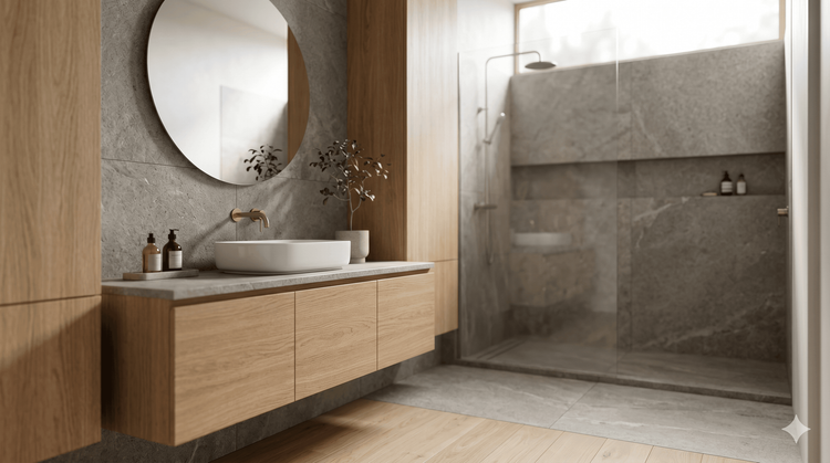 Kamar Mandi Japandi Desain: Trik Padukan Stone & Wood di Ruang Sempit