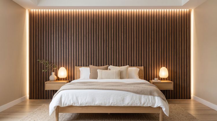 Kamar Tidur Japandi Terasa Pucat? Aksen Slat Wall Walnut Jadi Solusi Visual