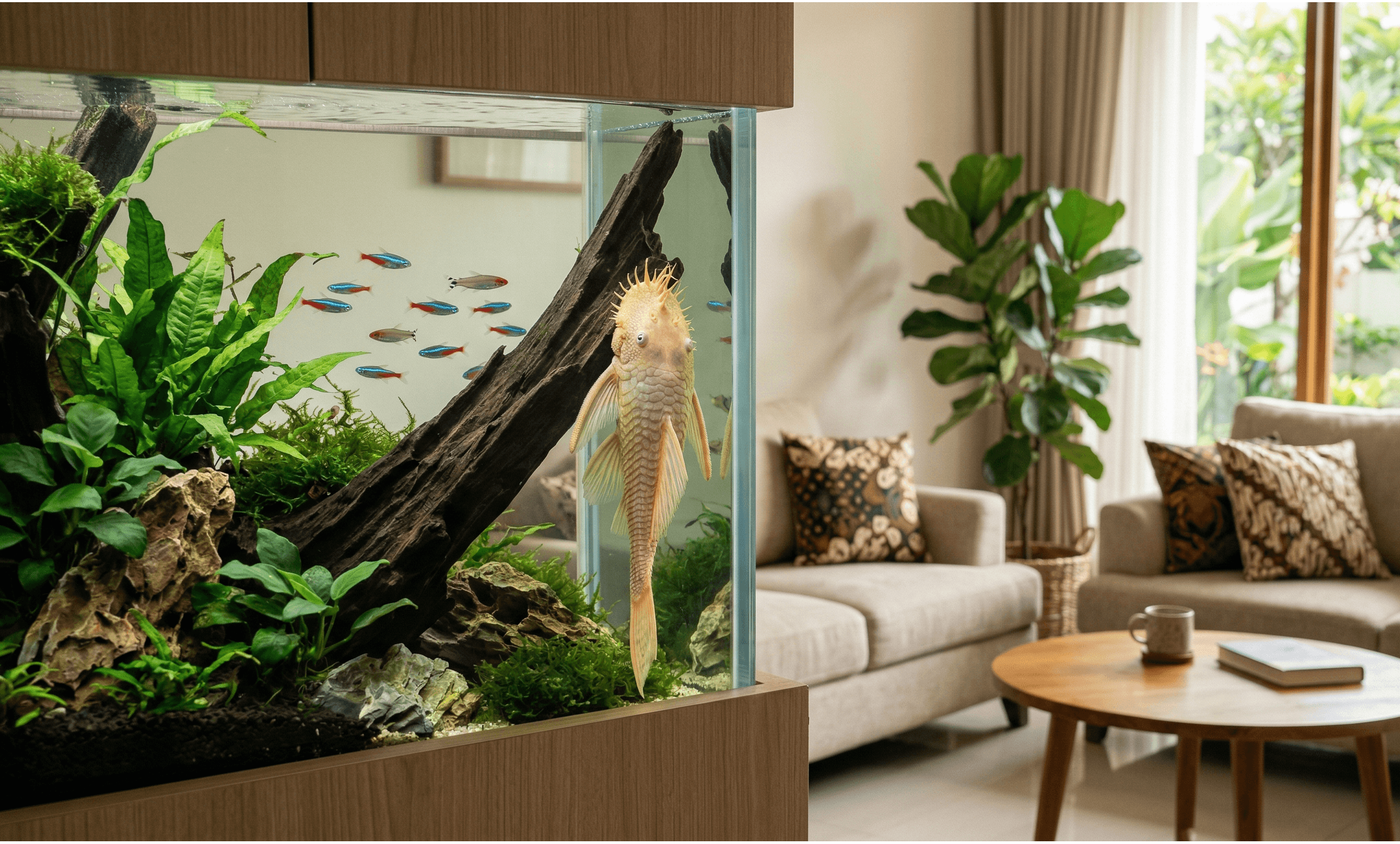 5 Ide Desain Akuarium Interior Estetik Bersama Ikan Sapu-sapu